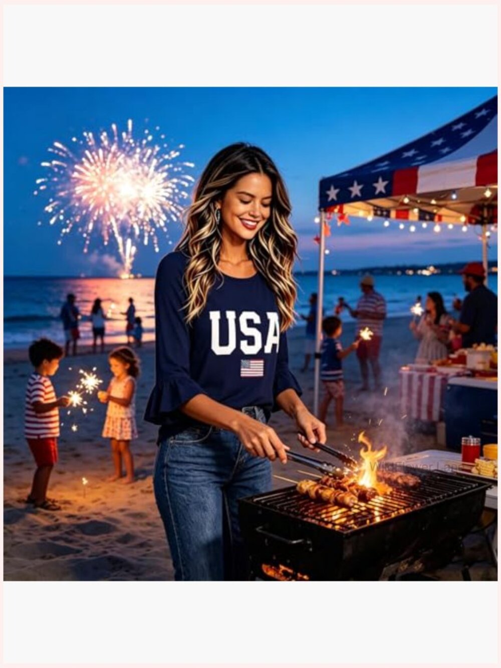 Patriotic Flowy Tunic Blouse 3/4 Bell Sleeve Ruffle Sleeve Casual Top - Picture 6 of 7